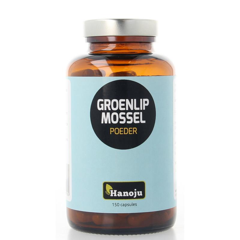 Hanoju Groenlipmossel Vetzuren capsules bottle with label, showing 150 capsules for joint and cartilage support.