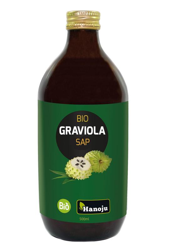 Hanoju Bio Graviola sap in a 500ml bottle, featuring fresh Graviola fruit for healthy juice consumption.