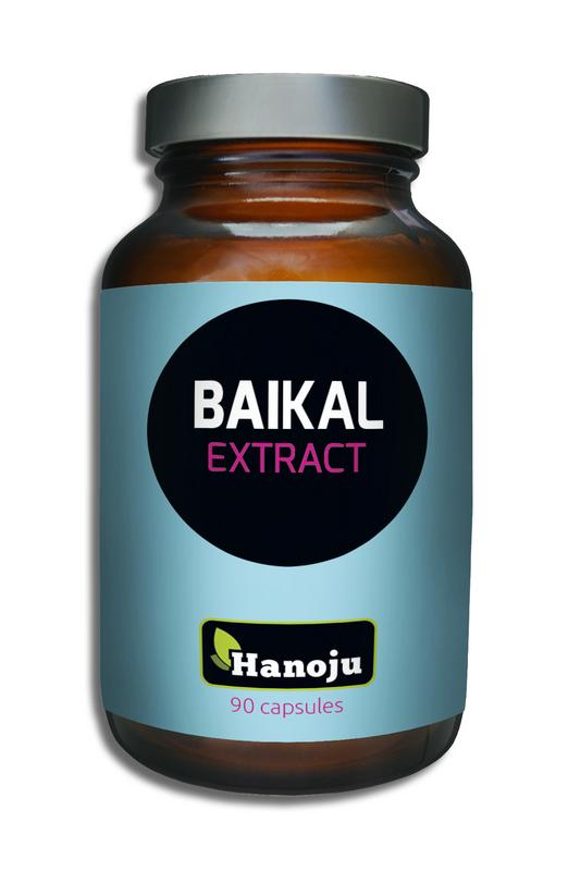 Hanoju Baikal extract capsules, herbal supplement, 90-count bottle of kruidenpreparaten, with green and white capsule imagery.