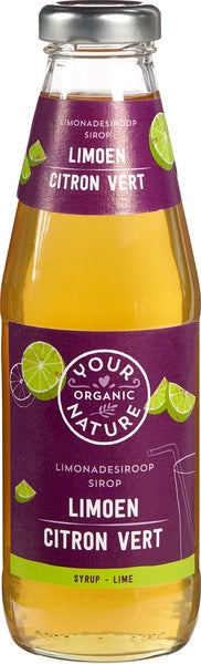 Organic lime syrup bottle from Your Organic Nature, 500ml, in a clear glass with a lime slice garnish and fresh ingredients visible.