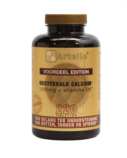 Artelle Oesterkalk 1200mg calcium and vitamin D3 supplement in a bottle of 220 tablets, showing the product packaging and tablets.