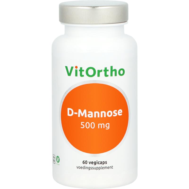 VitOrtho D-Mannose 500mg vegetarian capsules, herbal supplement in a white bottle with 60 capsules, designed for urinary health support.