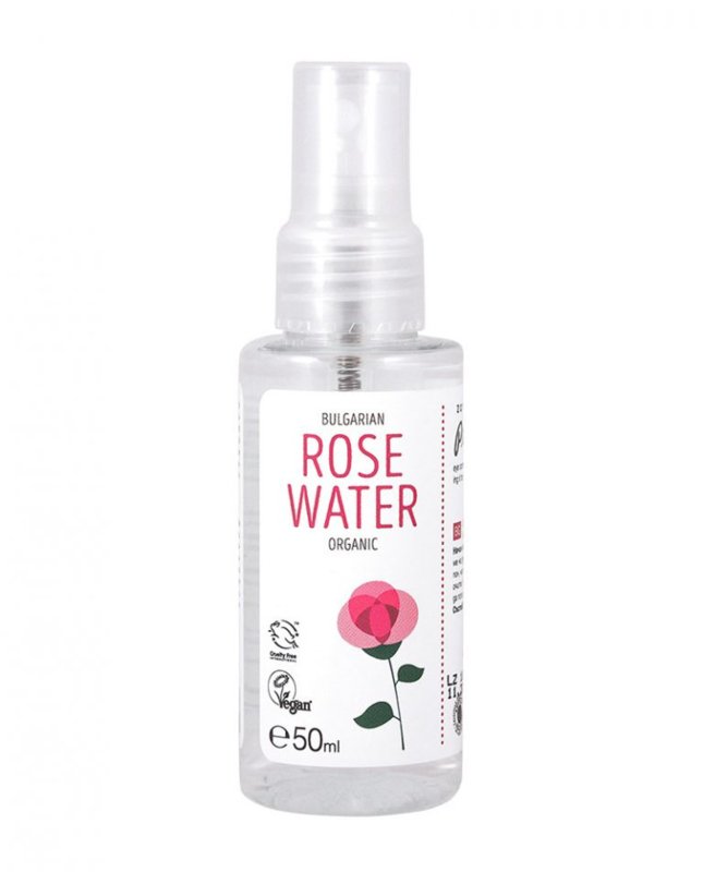 Zoya Goes Pretty Rose Water Organic 50ml facial skincare product in a clear bottle with a white cap and rose logo.