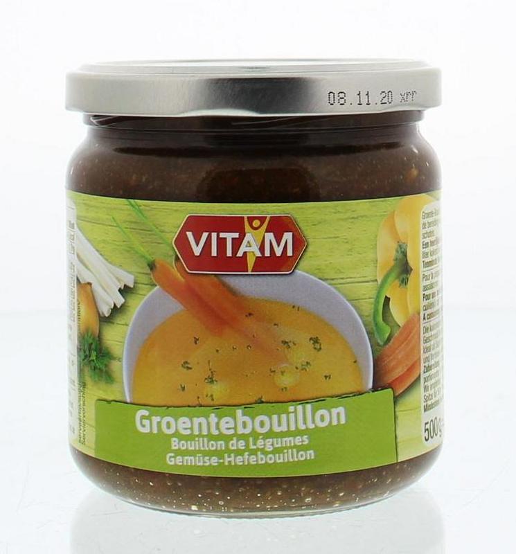 Vitam Groentebouillon 500g container for soups and broths, with fresh vegetable ingredients and brand label visible.