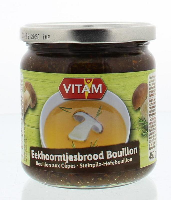 Vitam Eekhoorntjesbrood bouillon in 450g jar, a flavorful mushroom broth from Vitam, shown in a close-up image.