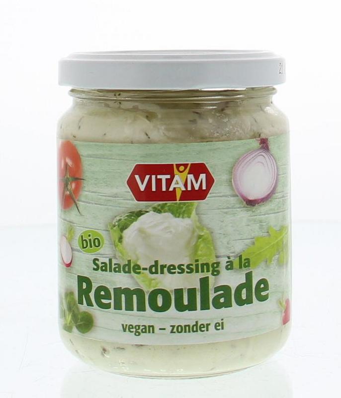 Vitam Saladedressing a la remoulade zonder ei bio sauce in 225ml bottle, creamy, flavorful condiment for salads and dishes.