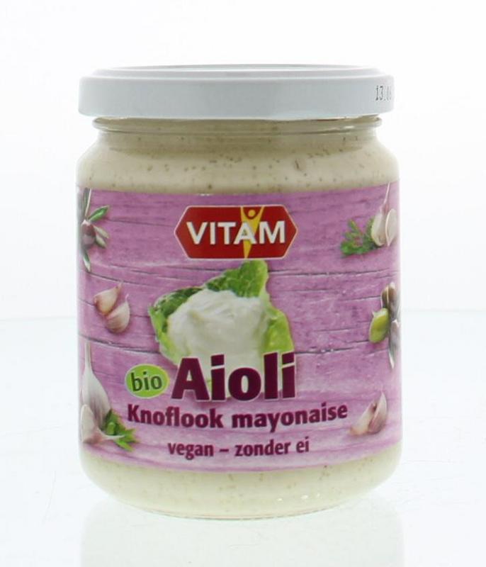 Vitam Aioli knoflook mayonaise bio in 225ml jar, organic garlic-flavored sauce in a glass container.