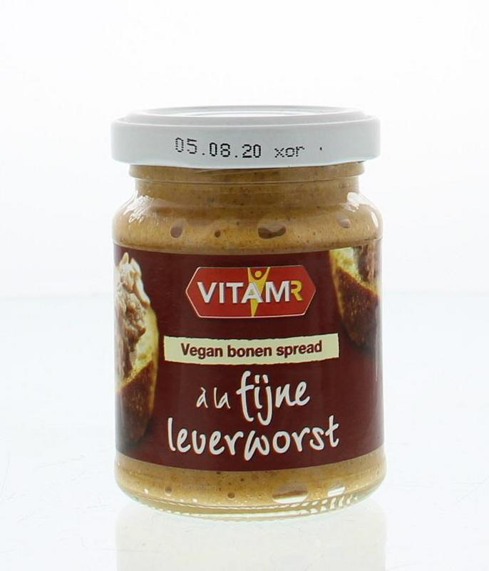Vitam Bonen spread with fine vegan liverwurst flavor, 110g, creamy plant-based bread spread on whole grain bread slice.