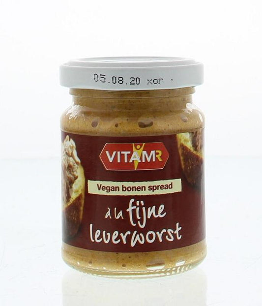 Vitam Bonen spread with fine vegan liverwurst flavor, 110g, creamy plant-based bread spread on whole grain bread slice.