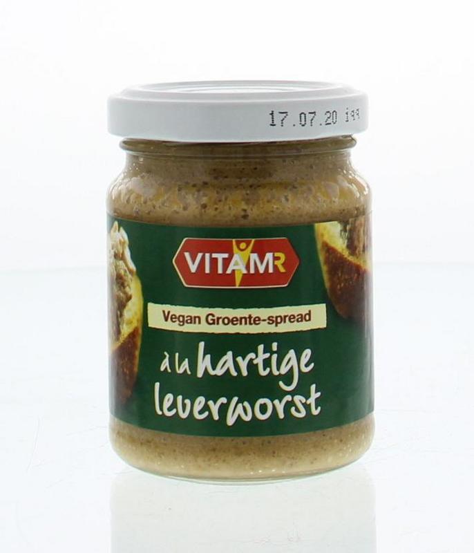 Vitam groente-spread met hartige leverworst, vegan bio broodbeleg op sneetje brood met groentemix en leverworst.