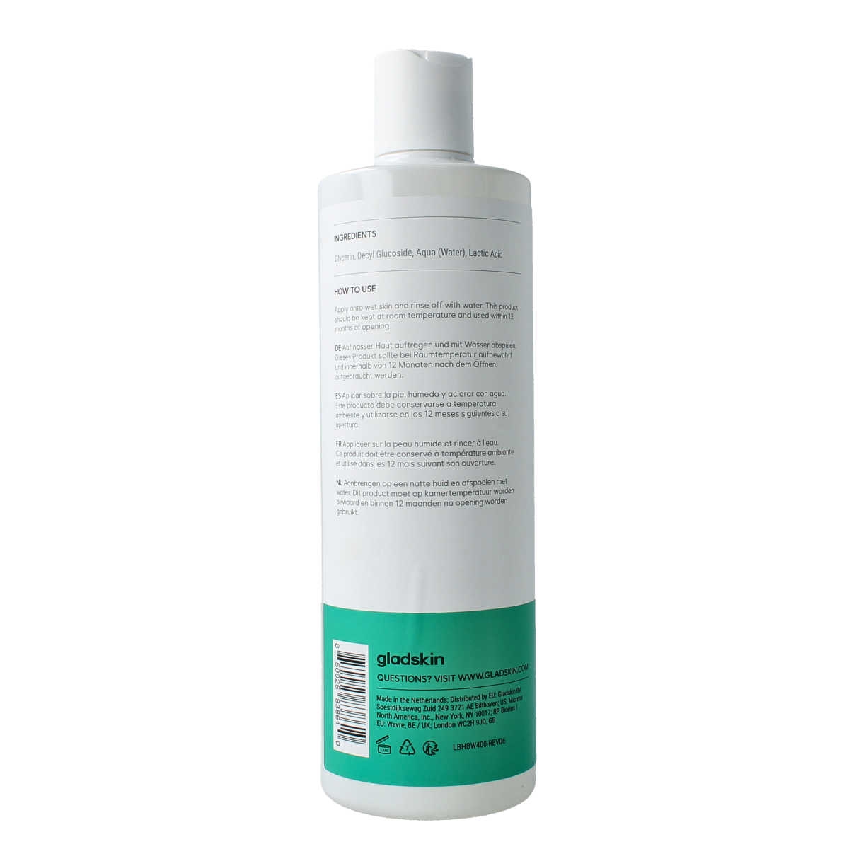Gladskin Bodywash hydrating bad en douche bottle, 400ml, with label showing product details and branding.