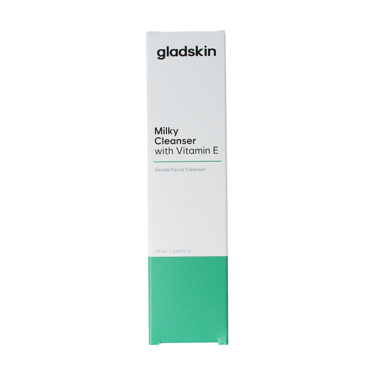 Gladskin Milky cleanser with vitamin E for face skincare, 75ml bottle showing the gentle, milky formula in a clear container.