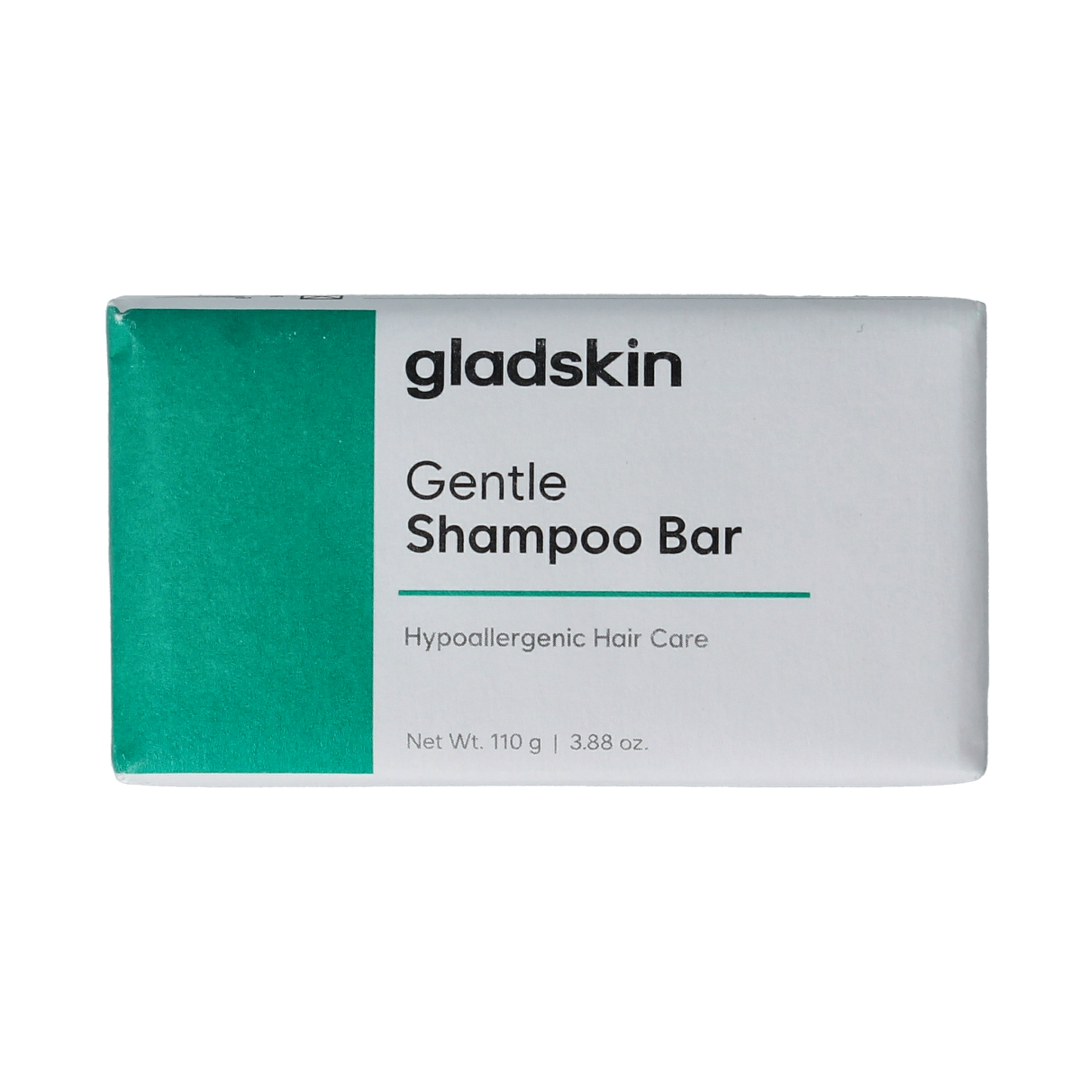 Gladskin gentle shampoo bar for hair care, 110g, showcasing the natural soap bar with branding and packaging details.