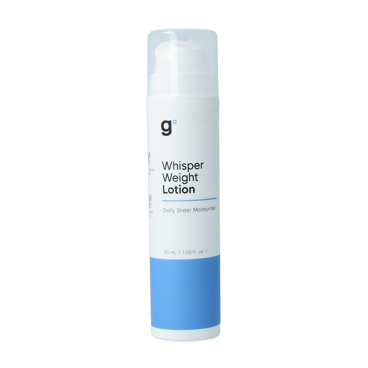 Gladskin Whisper Weight face lotion in 50ml bottle, gentle skincare product for sensitive skin, with sleek packaging and smooth texture.