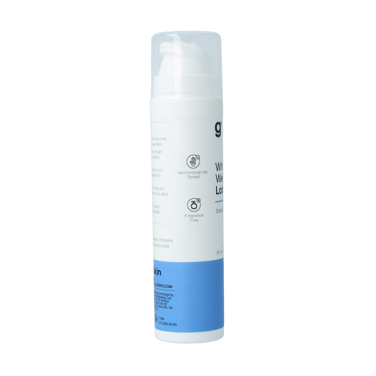 Gladskin Whisper Weight Facial Lotion in 50ml bottle, gentle skincare product for sensitive skin, natural and soothing face moisturizer.