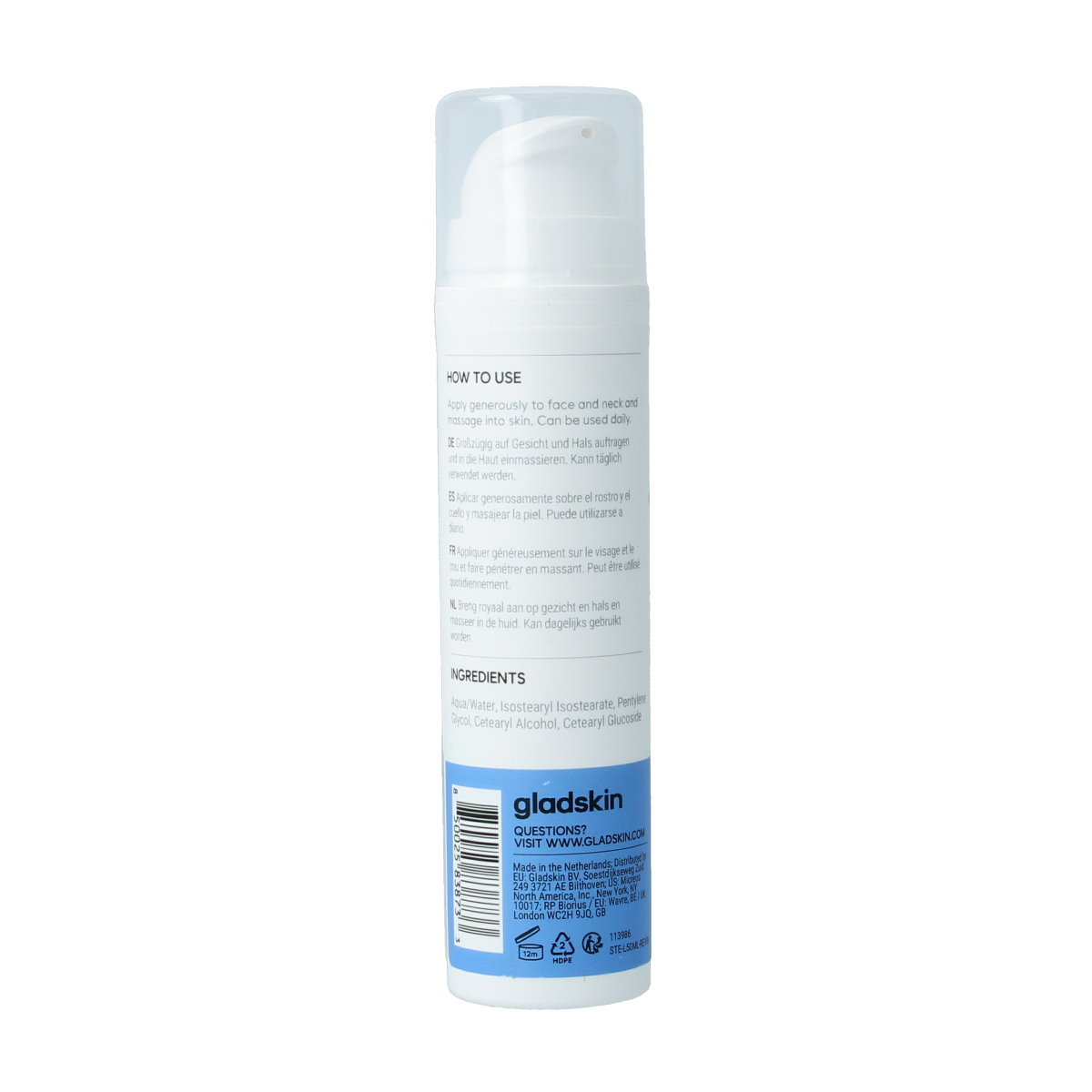 Gladskin Whisper Weight Face Lotion 50ml, gentle skincare product in a white bottle with a pump dispenser for facial use.