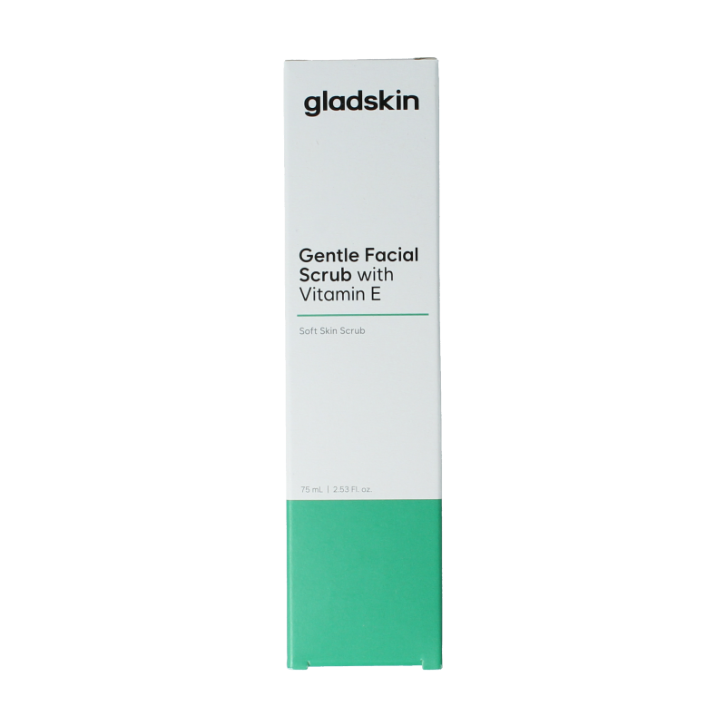 Gladskin Gentle Facial Scrub with Vitamin E, 75ml, for skincare and exfoliation, shown in a clear container.