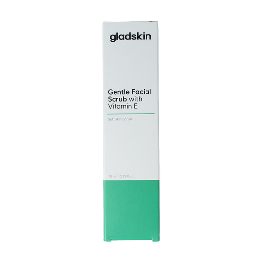 Gladskin Gentle Facial Scrub with Vitamin E, 75ml, for skincare and exfoliation, shown in a clear container.