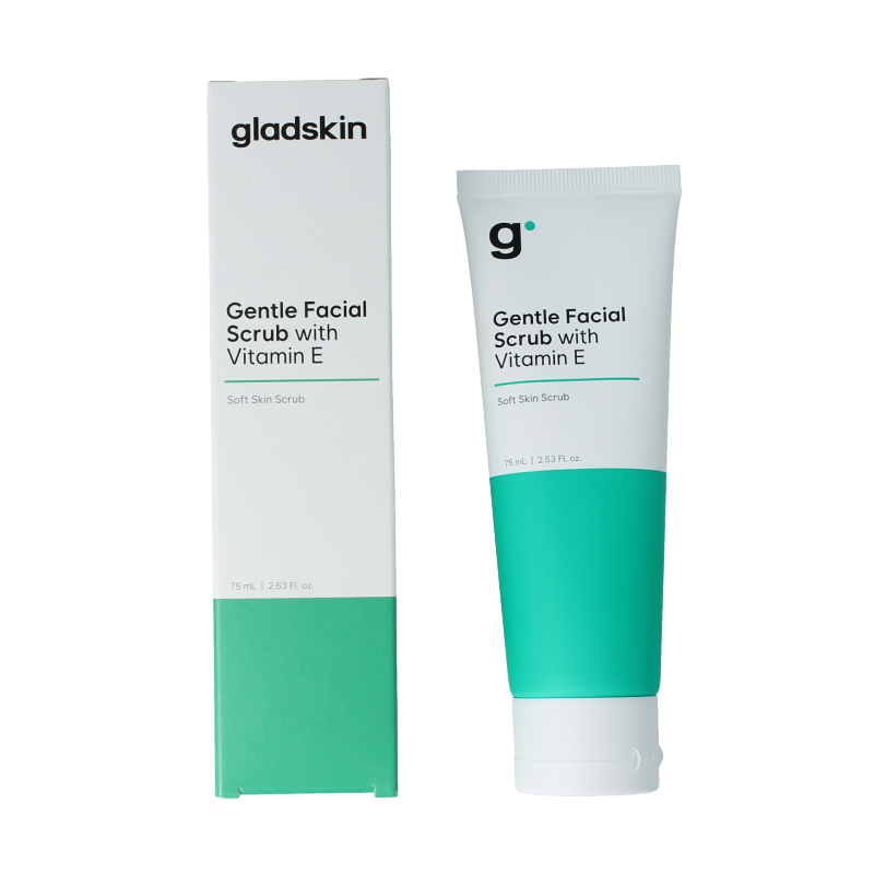 Gladskin facial scrub with vitamin E in a 75ml tube, gentle facial skincare product for clean, refreshed skin.