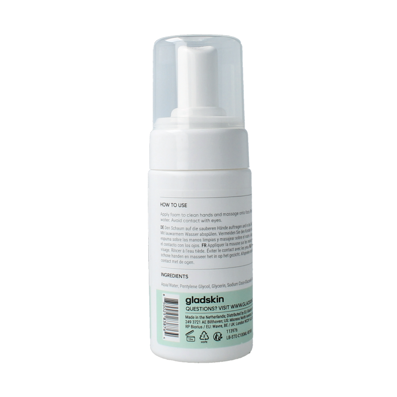 Gladskin Cleanser foaming fresh start in a 100ml bottle, facial skincare product with white pump dispenser and clear label.