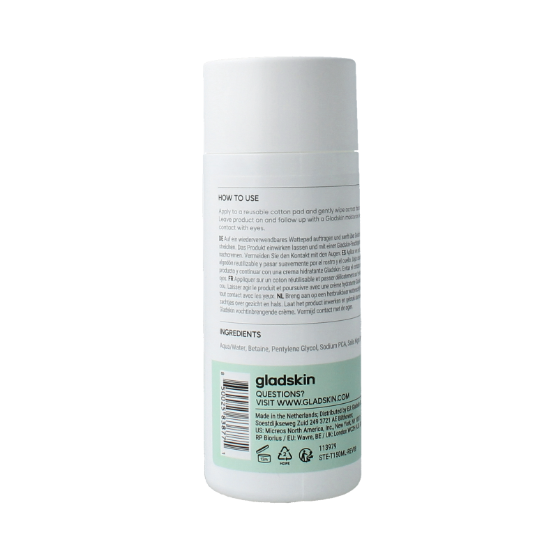 Gladskin Tonic gentle touch facial skincare bottle, 150ml, with a clear label and pump dispenser, designed for gentle skin care.
