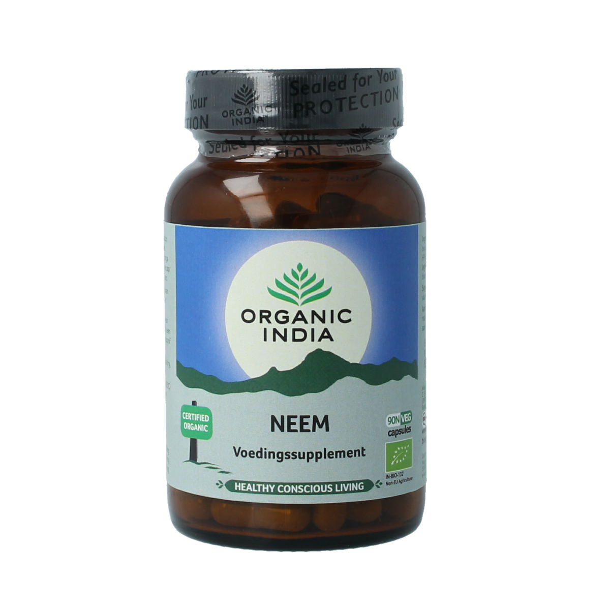 Organic India Neem bio capsules, herbal supplement in a bottle, showcasing the product packaging and capsules.