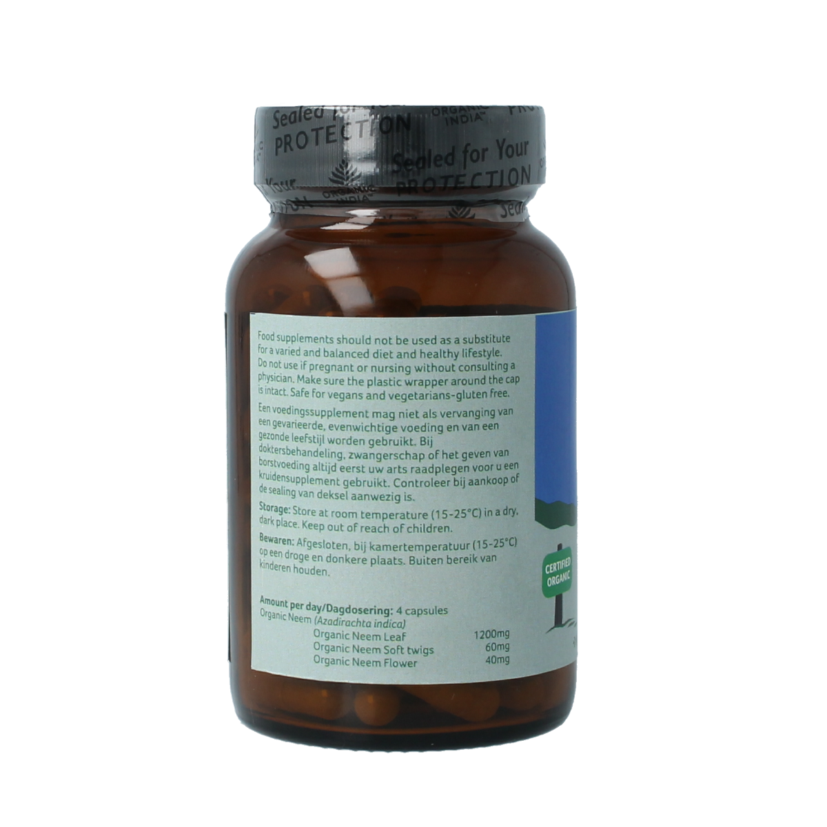 Organic India Neem bio capsules, herbal supplement in a bottle, showcasing 90 capsules for natural health support.