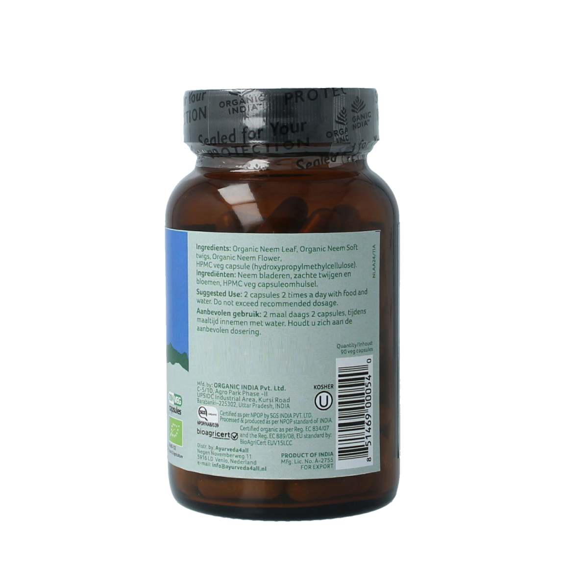 Organic India Neem bio capsules, herbal supplement in a bottle, showcasing 90 capsules for natural skin and health support.