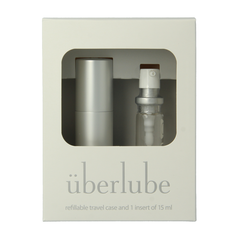 Uberlube Good to Go Silver 15ml lubricant bottle, clear silicone-based glide for intimate use, with sleek silver packaging.
