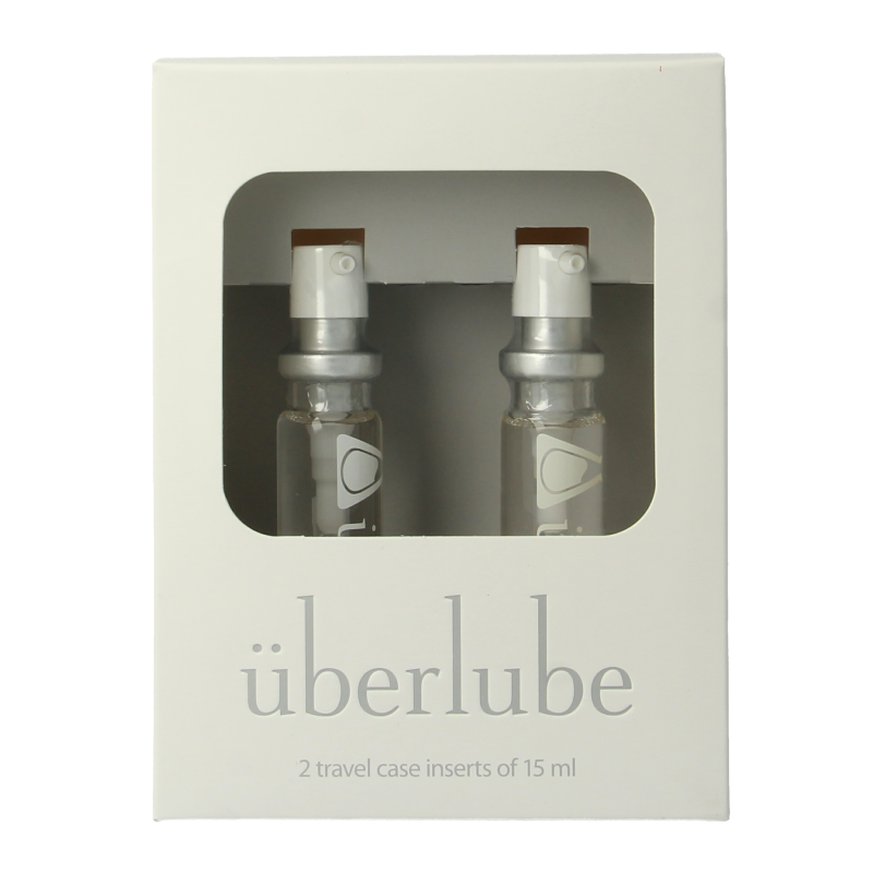 Uberlube Good to go refill pack with two 15ml bottles of lubricant, featuring clear, smooth liquid in compact containers.