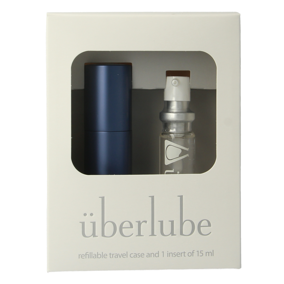 Navy blue Uberlube Good to go 15ml bottle of personal lubricant from Uberlube, shown with product label and packaging.