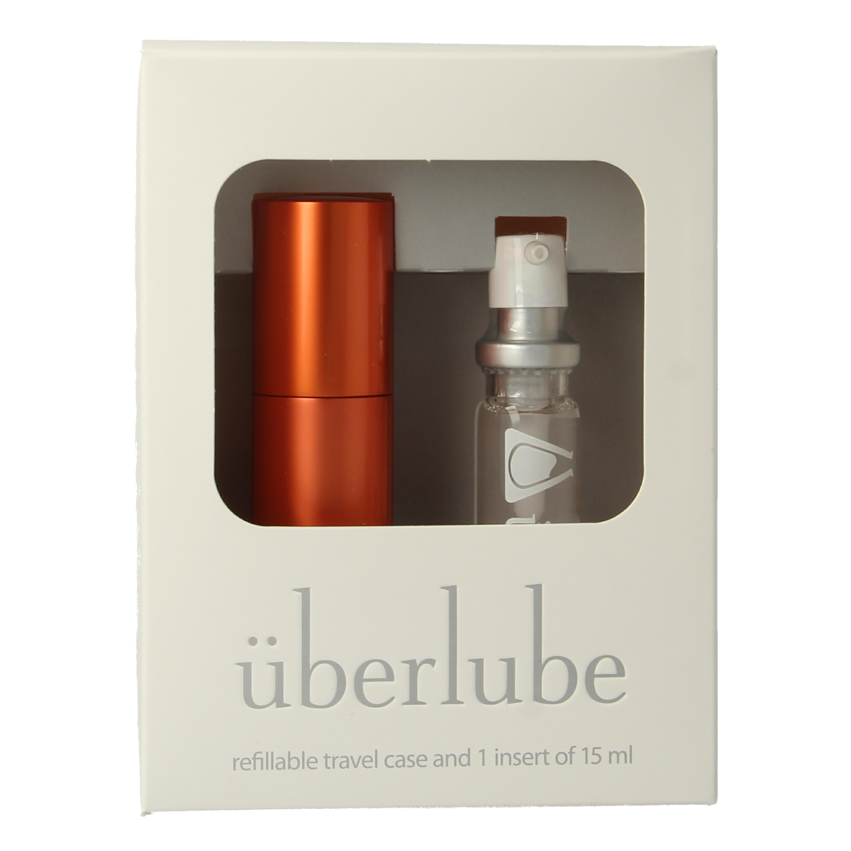 Uberlube Good to Go Sedona Orange lubricant 15ml bottle, clear silicone-based glijmiddel with orange accents, on white background.