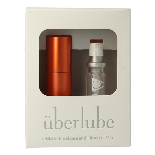Uberlube Good to Go Sedona Orange lubricant 15ml bottle, clear silicone-based glijmiddel with orange accents, on white background.