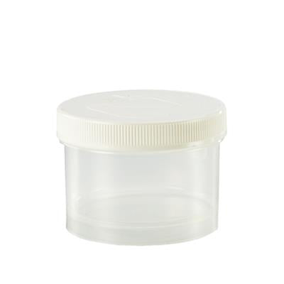 Transparent 75 ml Spruyt Hillen tablet flask with cap, packaging material, stacked in a group.