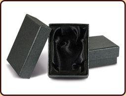 Black Ruben Robijn stone packaging box with lid, shown open with stones inside, designed for jewelry or decorative stones.