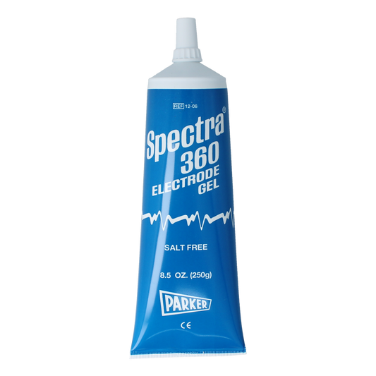 Parker Spectra 360 electrode gel 250g jar, body care product for conductive gel application, with white and blue packaging.