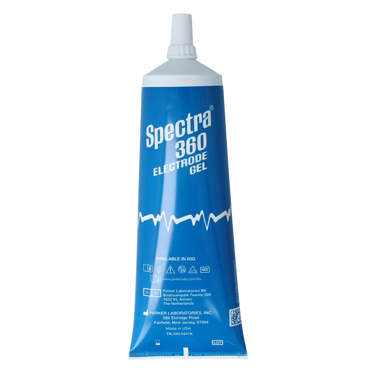 Parker Spectra 360 electrode gel 250g container, body care product for skin hydration and conductivity.