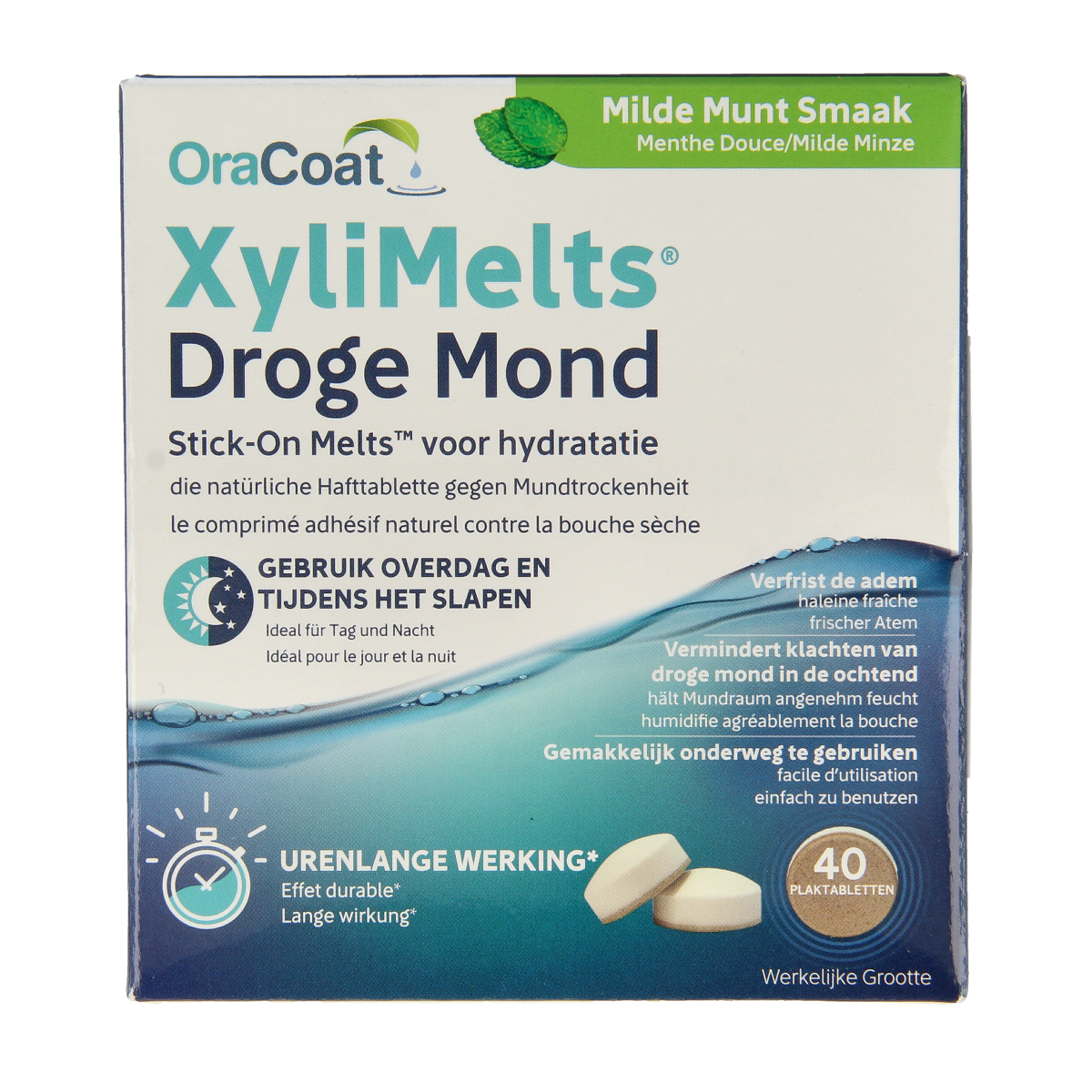 Xylimelts Milde munt mouth freshener melts for oral hygiene, 40 pieces, in a clear container with mint-flavored melts visible.