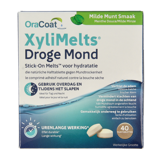Xylimelts Milde munt mouth freshener melts for oral hygiene, 40 pieces, in a clear container with mint-flavored melts visible.