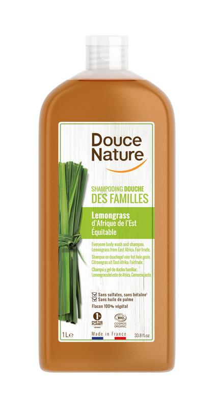 Douce Nature lemongrass family shower gel and shampoo in 1-liter bottle, natural bio skincare for bath and hair.