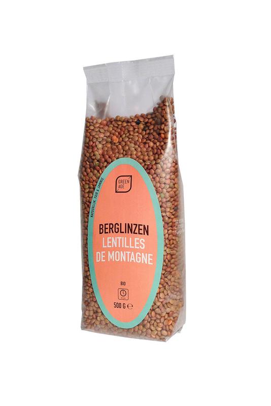 Greenage Berglinzen organic 500g package, displayed with fresh green lentils in a clear container, ideal for healthy cooking.