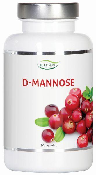 Nutrivian D-Mannose 500mg capsules in a bottle, herbal supplement for urinary health, with label details visible.