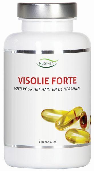 Nutrivian Visolie Forte omega-3 fish oil capsules in a bottle, dietary supplement for heart and brain health.