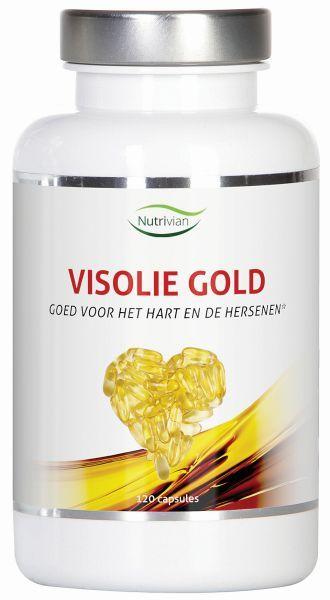 Nutrivian Visolie Gold 1000mg EPA/DHA omega-3 capsules, Vetzuren supplement in a clear bottle with 120 capsules.