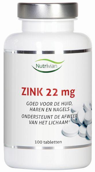 Nutrivian Zink methionine 22mg mineral tablets in a blister pack, showing 100 zinc supplement tablets for daily intake.
