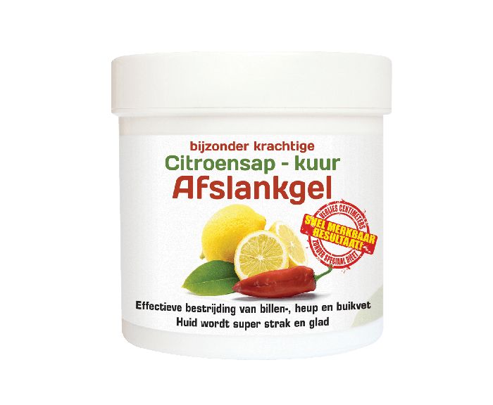 Natusor Citroensap afslankgel in a 250ml bottle, body care product for slimming and toning, with a citrus scent.