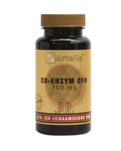 Artelle Co-enzyme Q10 100mg softgels, dietary vitamin supplement in a white bottle with 30 softgel capsules inside.