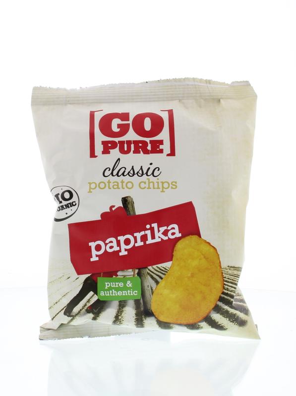 Go Pure Chips paprika bio, 40g, showing crispy natural chips with paprika seasoning in a close-up image.