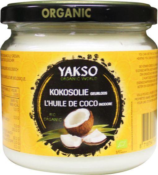 Organic Yakso Kokosolie geurloos in 320ml bottle, natural flavorless coconut oil for cooking and skincare.