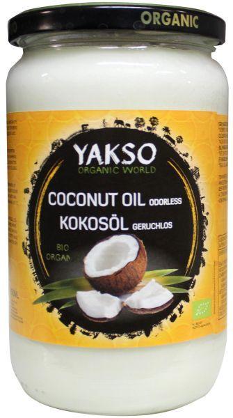 Unlabeled transparent bottle of Yakso bio fragrance-free coconut oil for cooking and skincare, 650ml.